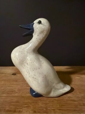 Vintage Ceramic Duck Figurine Blue Beak Speckled Glaze Farmhouse Cottage Decor